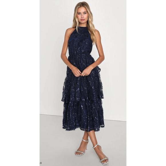 Lulus Navy Blue Sequins Floral Tiered Halter Midi Dress Size M - Picture 7 of 11